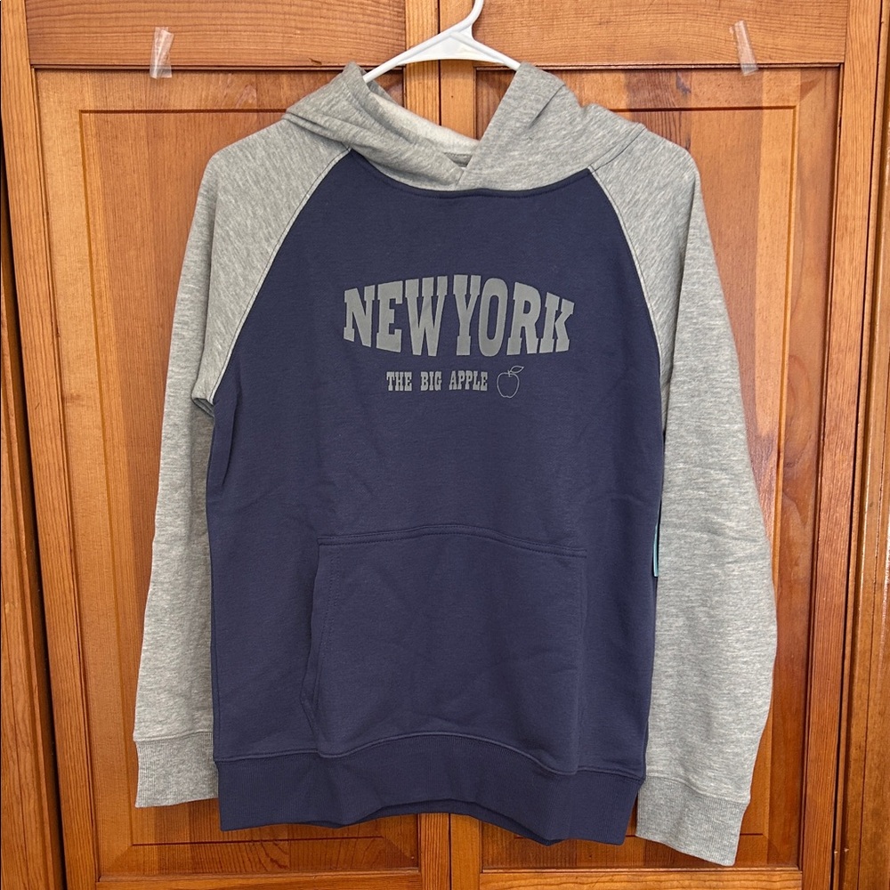 Market & Spruce Kids New York Hoodie L 12/14 NWT Navy Gray Soft Fleece Pullover